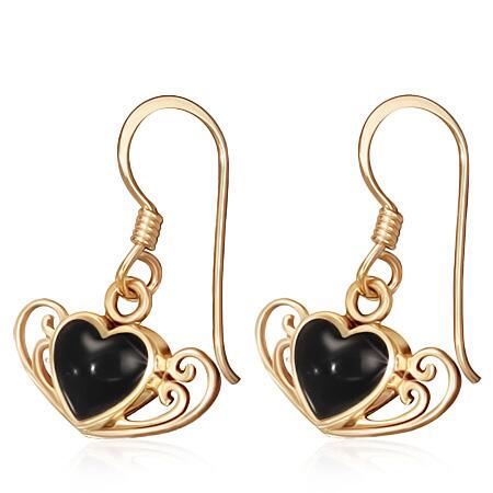 Hjerte øreringe i bronze / Sort sten